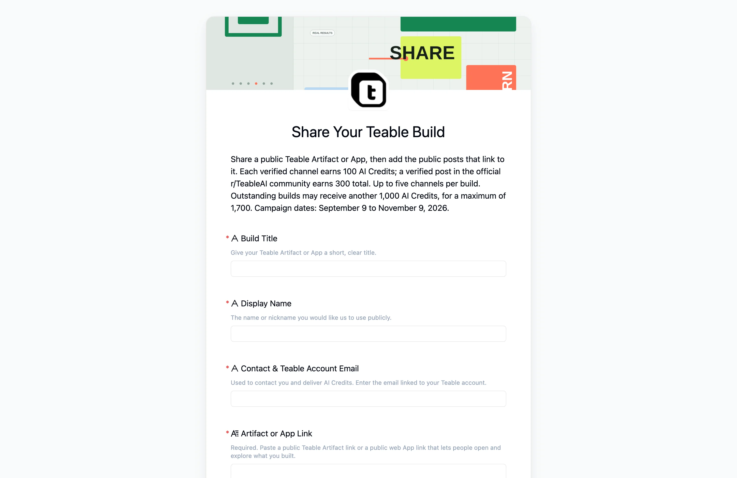 Справжній знімок екрана форми Share Your Teable Build із датами кампанії з 9 вересня до 9 листопада 2026 року